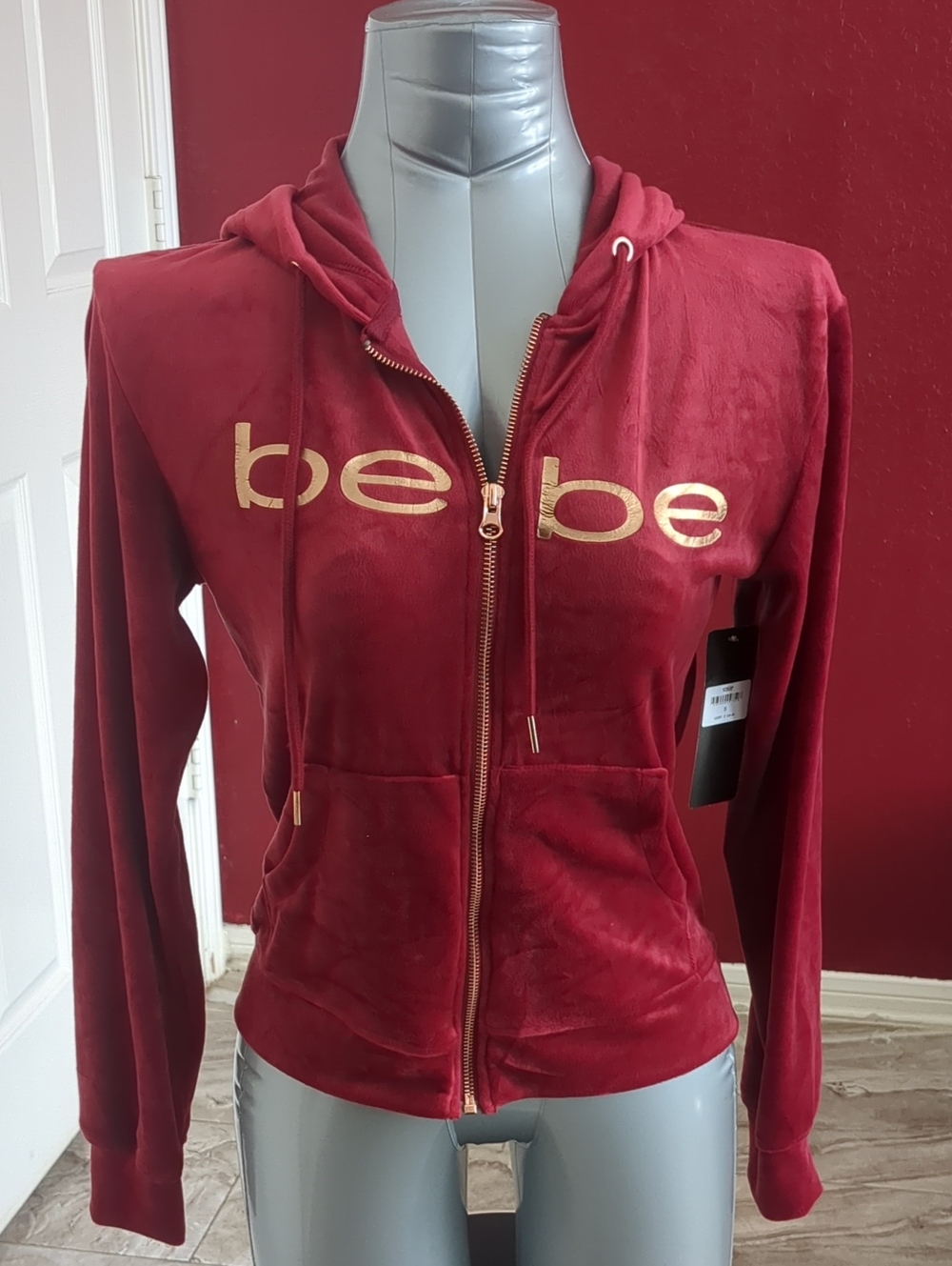 bebe New Women's Essentials Red Velour Gold Zip Hoodie Drawstrings Size S
